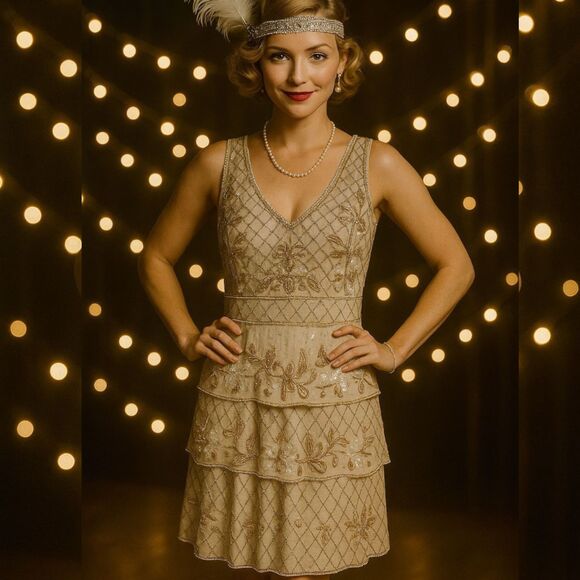 Adrianna Papell Art Deco Beaded Flapper Dress 2 | 20s Gatsby Tier Cocktail Gold - Picture 2 of 13
